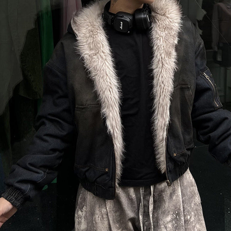 GUO WEAR2024New Winter Washed Denim Cotton Jacket with Fleece Lining American Street Style Wasteland Cotton Jacket