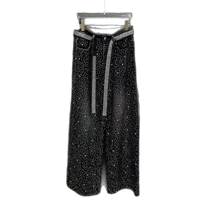 European and American Heavy Industry Starry Sky Rhinestone Vintage Washed Ribbon Jeans for Men, Niche Loose Wide-Leg Trendy Men's Pants