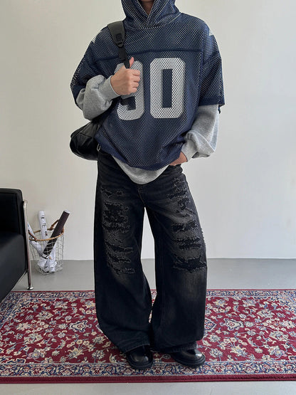 Trendy Loose Hooded Sweatshirt Jacket Mesh Digital Sports Casual Top Unisex Breathable