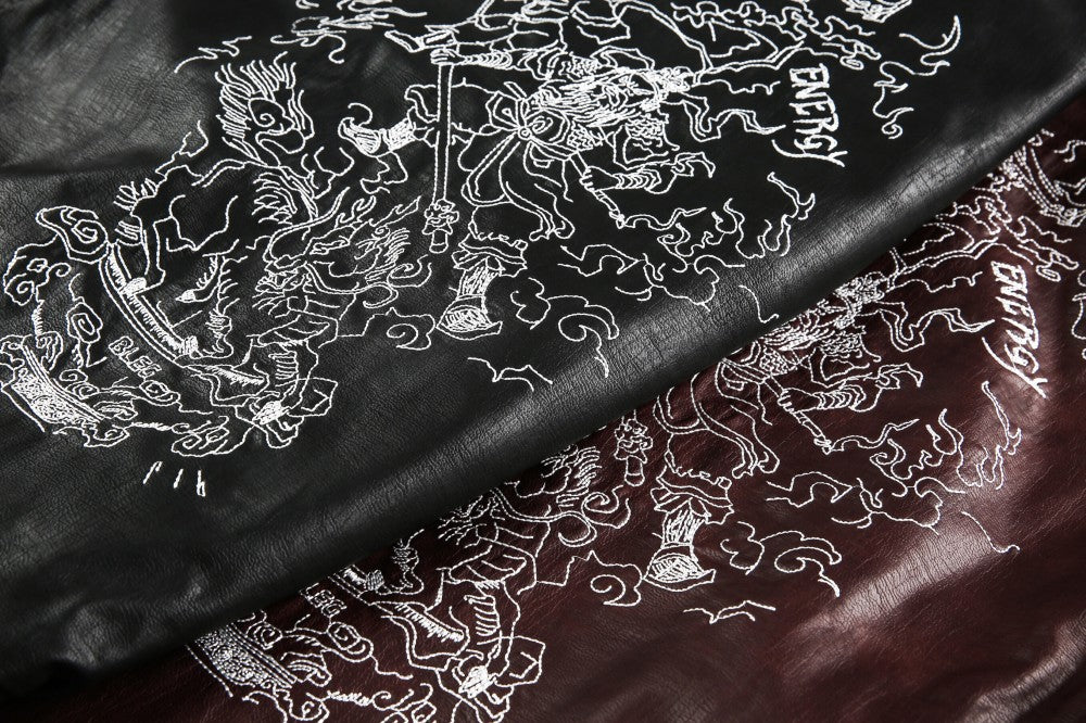 European and American Heavy Embroidery Lapel Loose Short Zipper Leather Jacket Coat