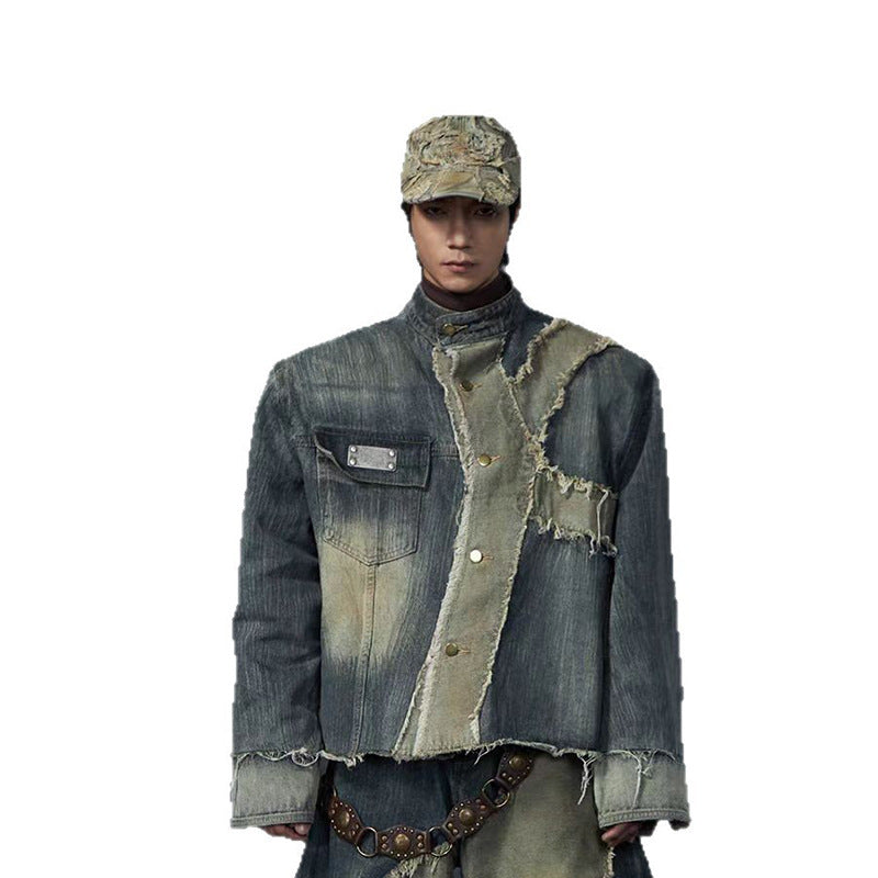 Post-apocalyptic Heavy Industry Patchwork Frayed Edge Stand Collar Structure Denim Jacket Scimitar Jeans Unisex