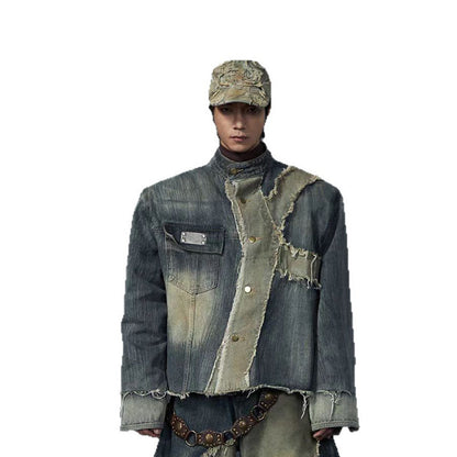 Post-apocalyptic Heavy Industry Patchwork Frayed Edge Stand Collar Structure Denim Jacket Scimitar Jeans Unisex