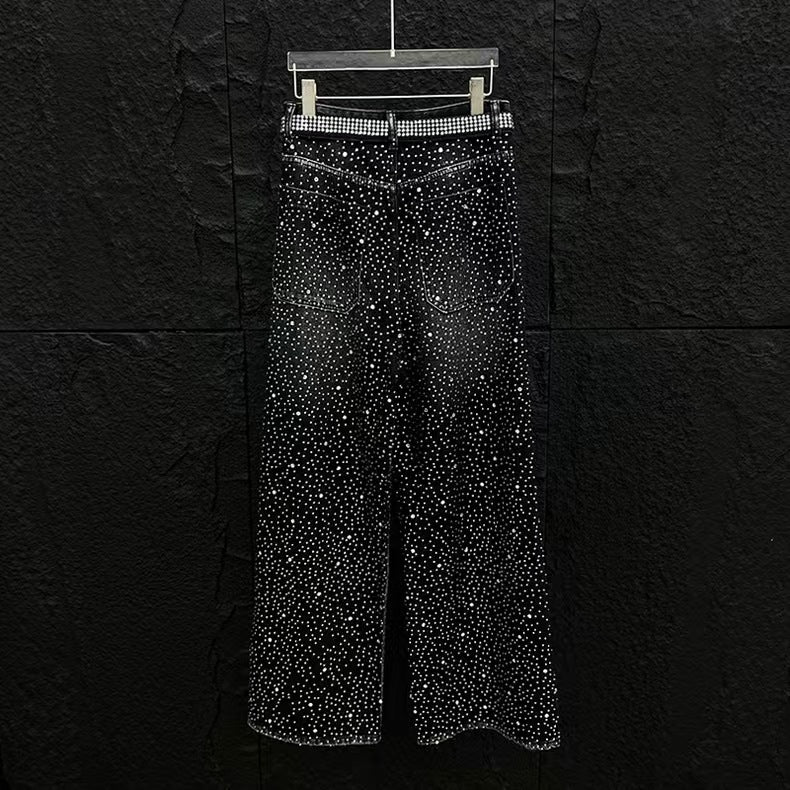 European and American Heavy Industry Starry Sky Rhinestone Vintage Washed Ribbon Jeans for Men, Niche Loose Wide-Leg Trendy Men's Pants