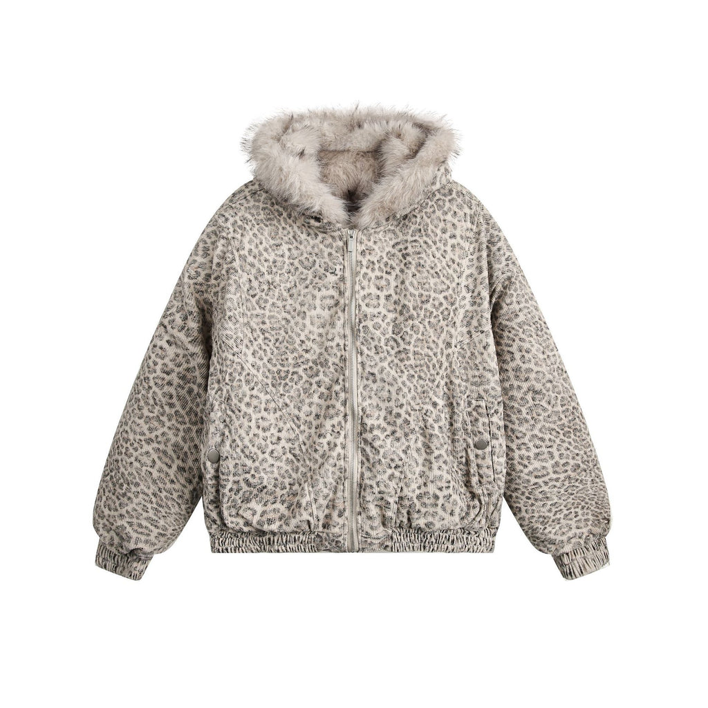 American Retro Style Hooded Thick Cotton Jacket with Leopard Print for Men and Women, Winter Couple's Hooded Cotton Coat