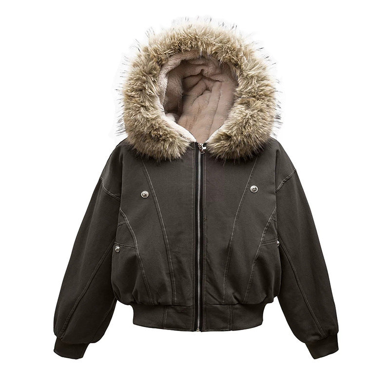American Retro Autumn Winter Trendy Metal Buckle Design Men's Thickened Warm Hooded Cotton Jacket Long Sleeve