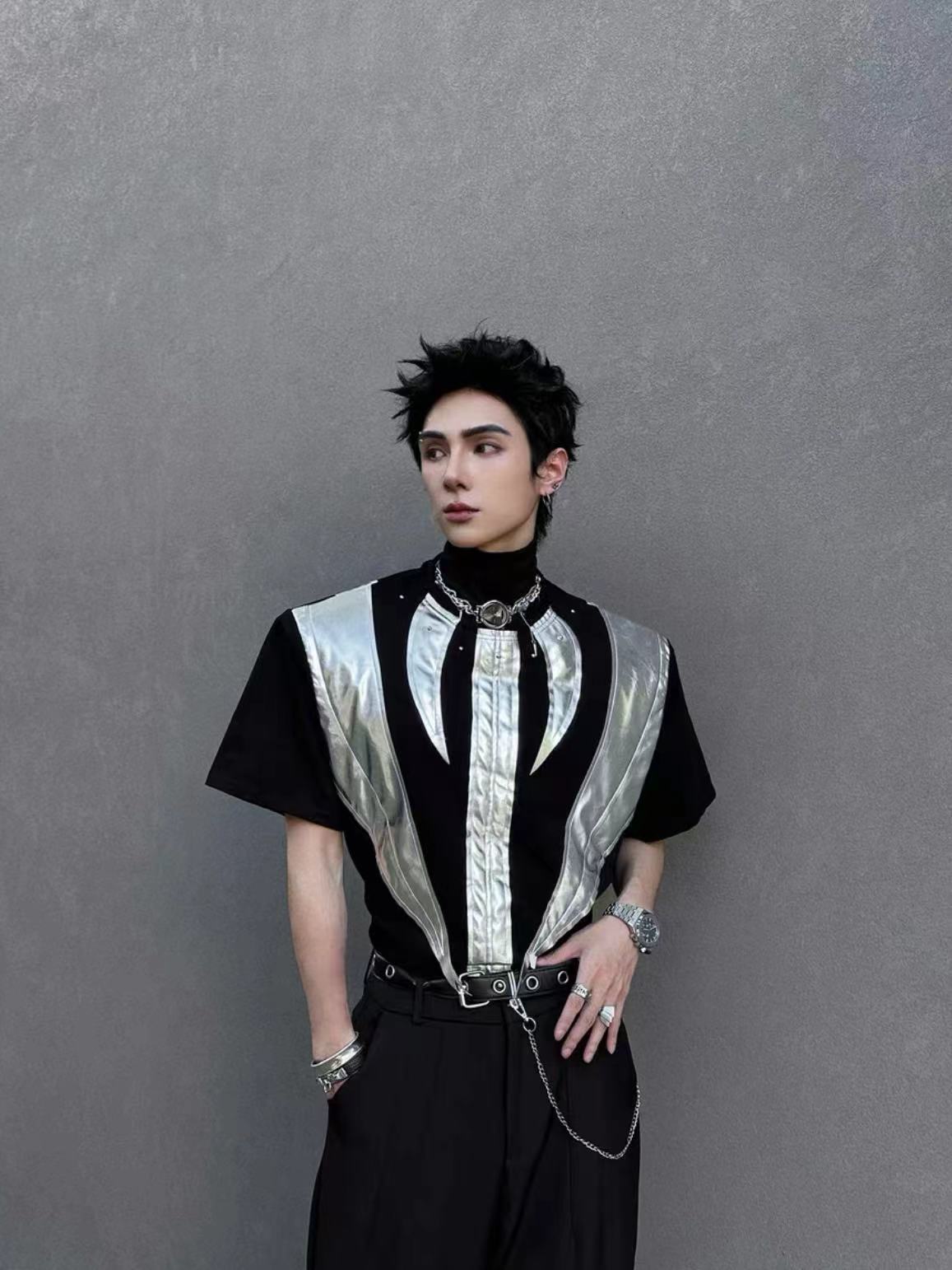 2025Summer New Men's High Street ins Wind Short Sleeve Stylish Color Block Design T T-shirt Breathable