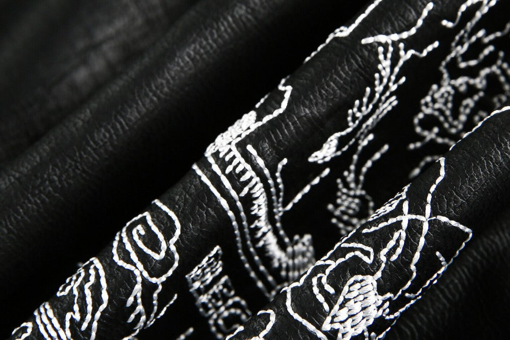 European and American Heavy Embroidery Lapel Loose Short Zipper Leather Jacket Coat