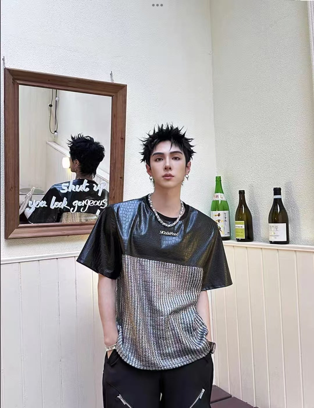 Unique Design Crocodile Pattern Leather Mesh Patchwork Short Sleeve High-end Metal Wide Shoulder Pads T Shirt