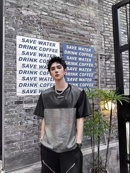 Unique Design Crocodile Pattern Leather Mesh Patchwork Short Sleeve High-end Metal Wide Shoulder Pads T Shirt