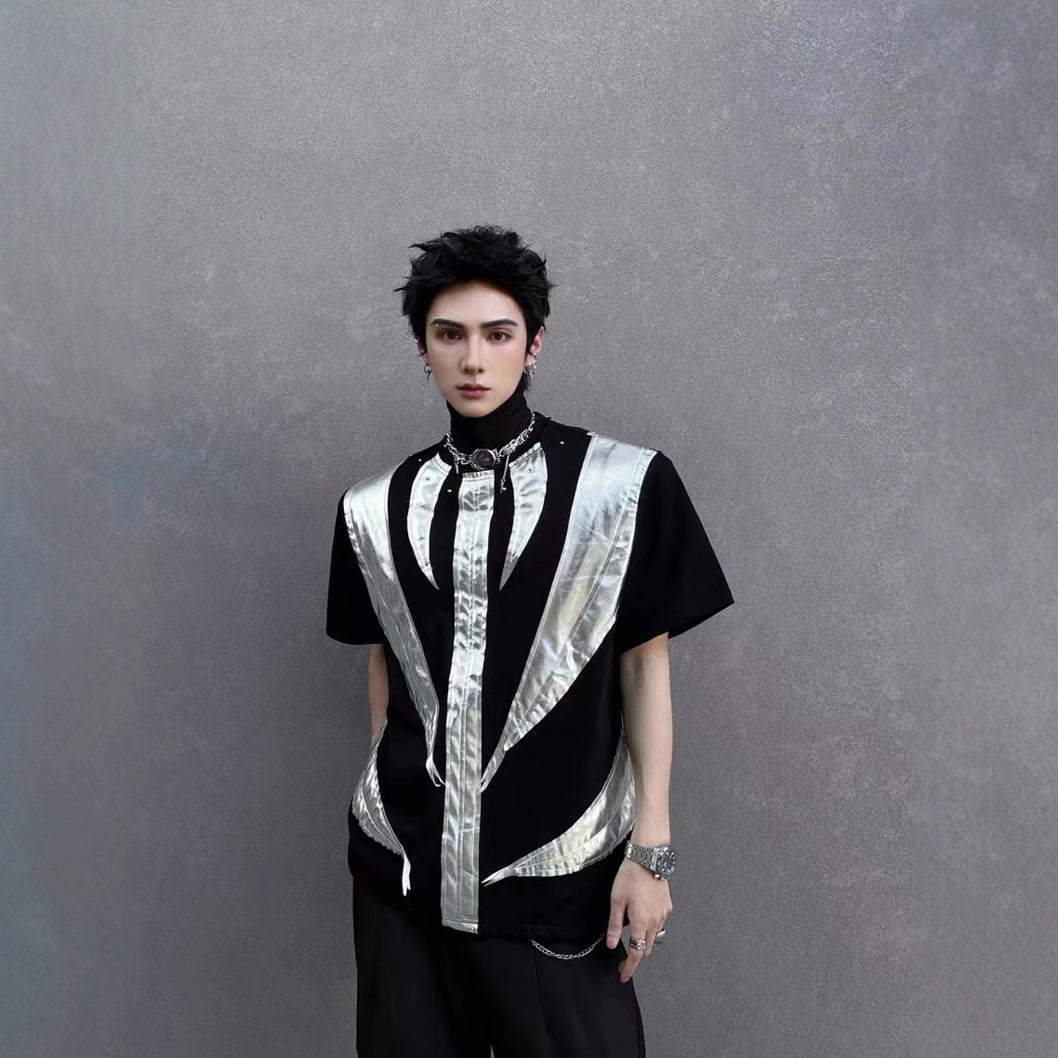 2025Summer New Men's High Street ins Wind Short Sleeve Stylish Color Block Design T T-shirt Breathable