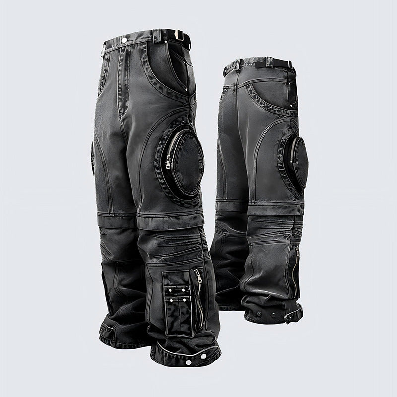 American High Street Jeans for Men and Women Retro Street Style Distressed Washed Zipper Large Pocket Loose Straight Workwear Pants