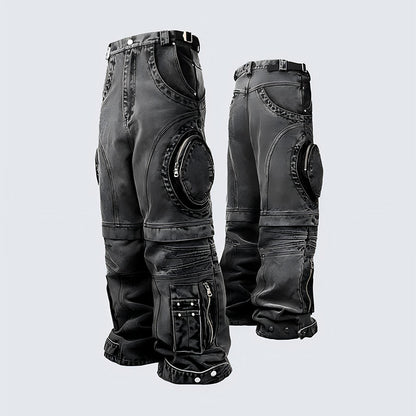 American High Street Jeans for Men and Women Retro Street Style Distressed Washed Zipper Large Pocket Loose Straight Workwear Pants