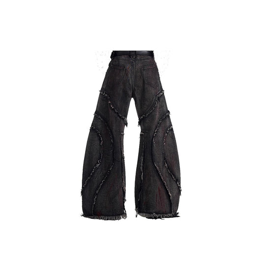 American High Street Vintage Structure Patchwork Frayed Scimitar Jeans for Men Spring Color-Washed Wide-Leg Pants Stylish