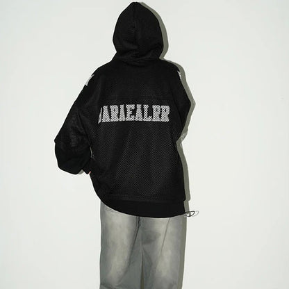 Trendy Loose Hooded Sweatshirt Jacket Mesh Digital Sports Casual Top Unisex Breathable