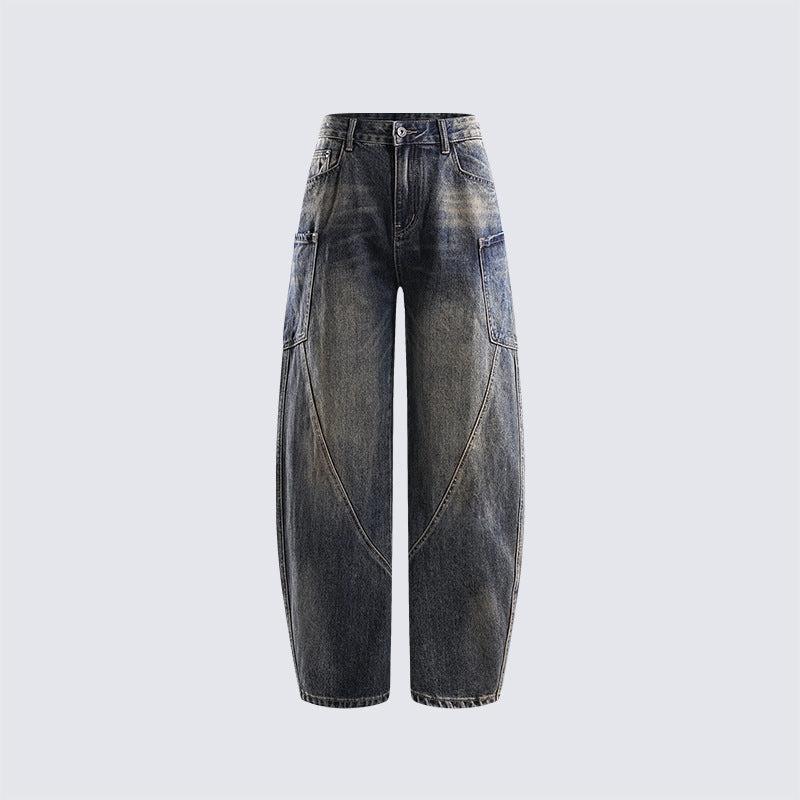 Loose Workwear Style Vintage Washed Jeans High-waisted Patchwork Design Straight-leg Pants Street casual pants for men and women