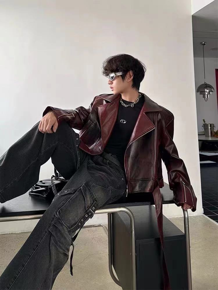 European and American Heavy Industry Angora Red High-End Feel pu Leather Motorcycle Jacket for Men and Women