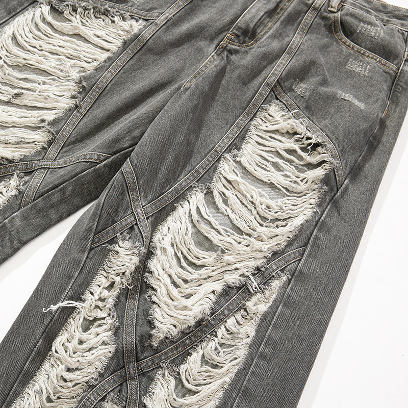 Distressed Jeans Loose Wide-Leg Straight Trendy Beggar Style Slimming High Street Design Niche Long Pants High Street Style