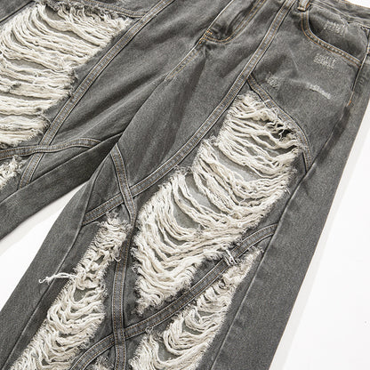 Distressed Jeans Loose Wide-Leg Straight Trendy Beggar Style Slimming High Street Design Niche Long Pants High Street Style