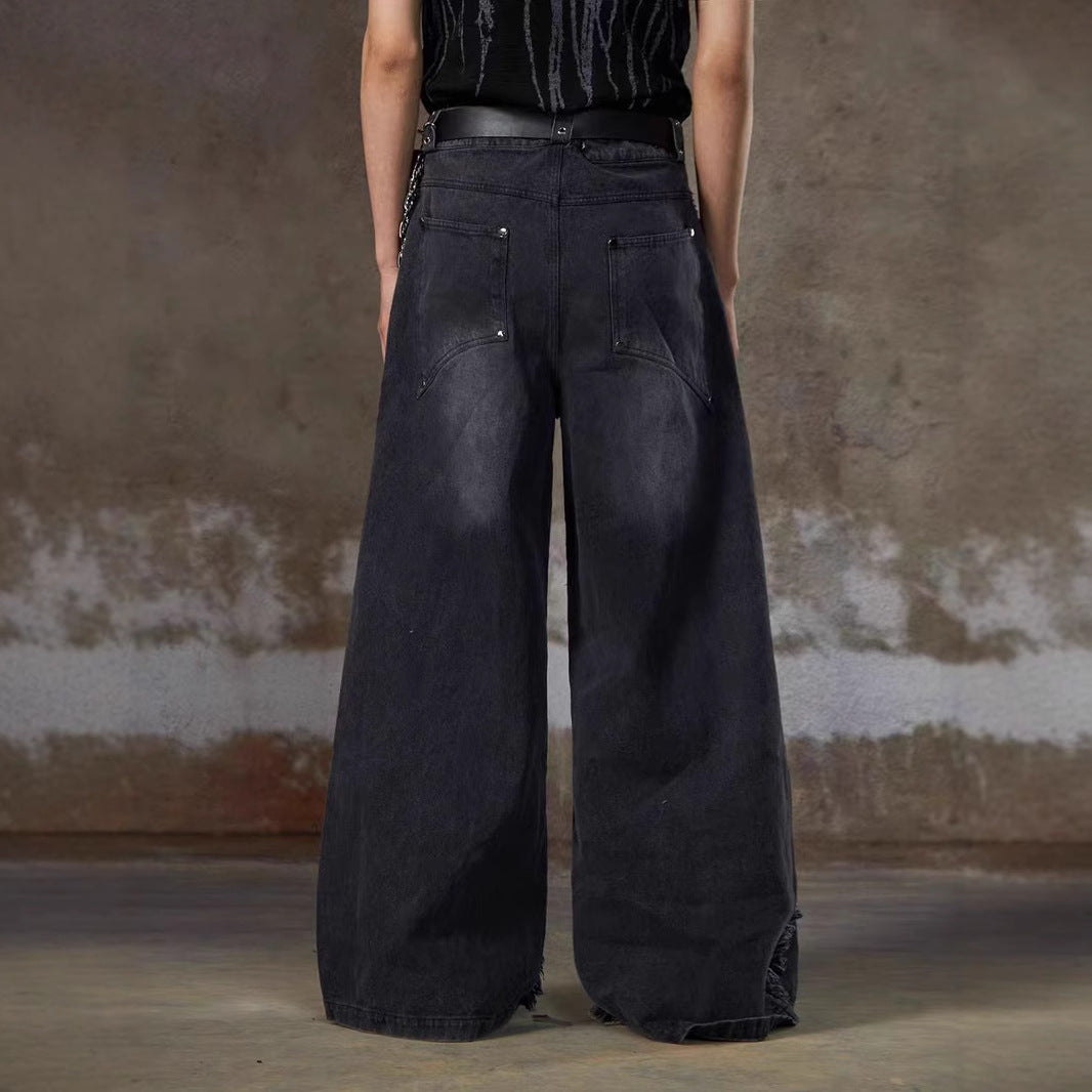 refuge  American Heavy Industry Niche Design Sense Silhouette Jeans High Street Washed Frayed Edge Tassel Rivet Loose Fit