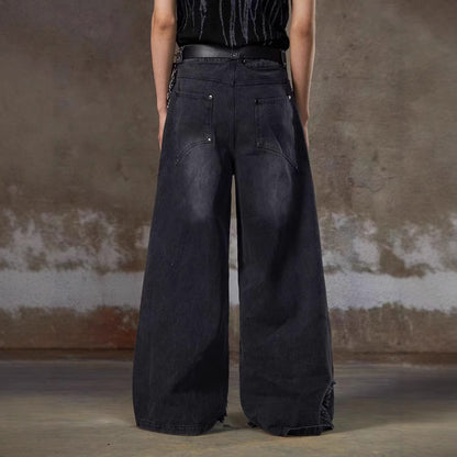 refuge  American Heavy Industry Niche Design Sense Silhouette Jeans High Street Washed Frayed Edge Tassel Rivet Loose Fit