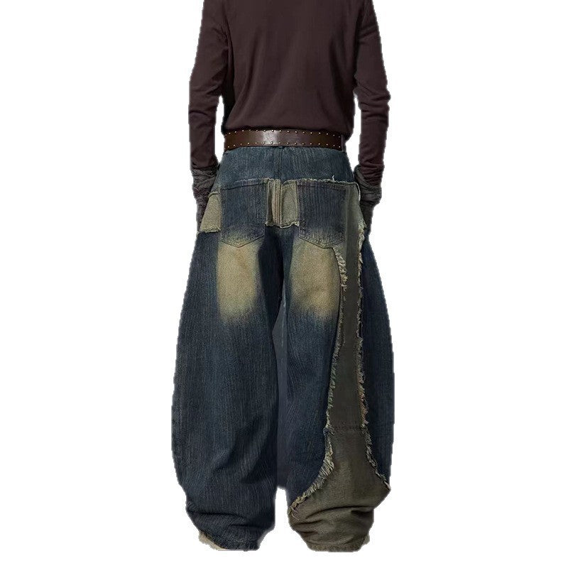 Post-apocalyptic Heavy Industry Patchwork Frayed Edge Stand Collar Structure Denim Jacket Scimitar Jeans Unisex