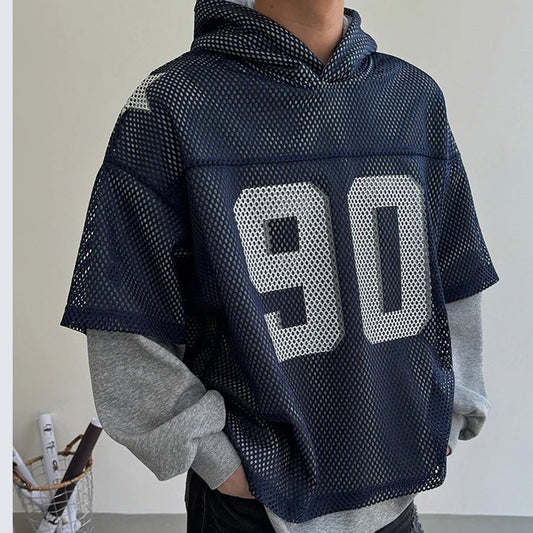 Trendy Loose Hooded Sweatshirt Jacket Mesh Digital Sports Casual Top Unisex Breathable