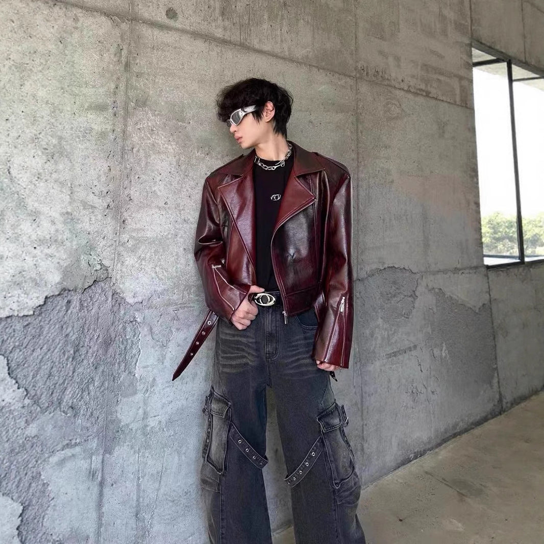 European and American Heavy Industry Angora Red High-End Feel pu Leather Motorcycle Jacket for Men and Women