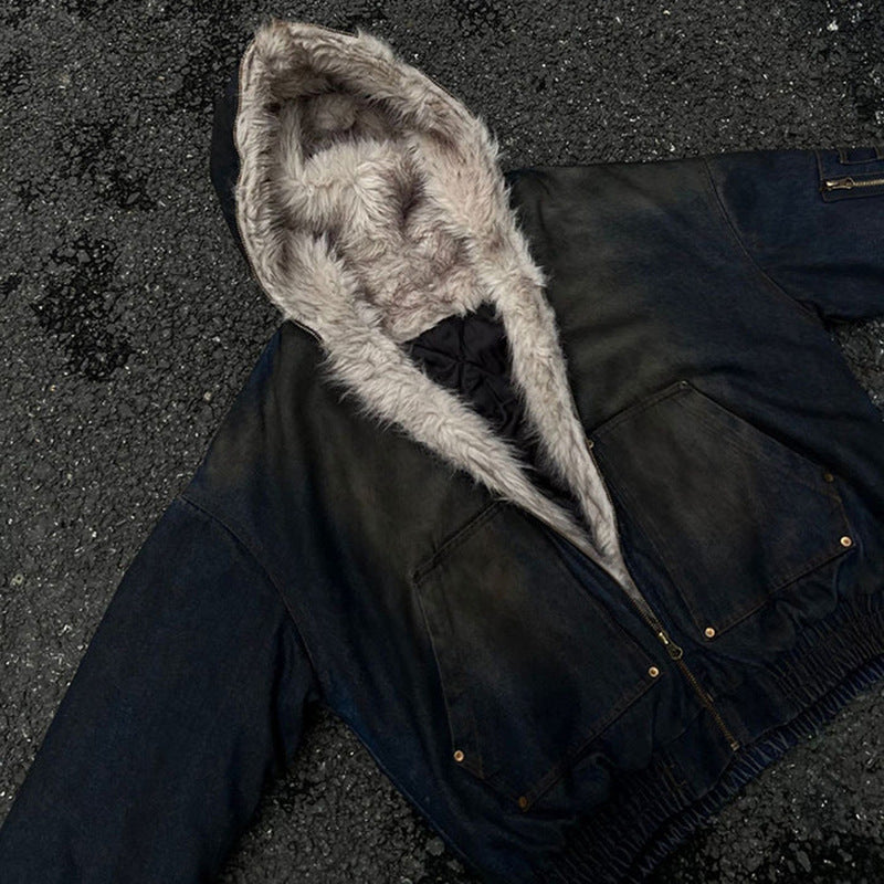 GUO WEAR2024New Winter Washed Denim Cotton Jacket with Fleece Lining American Street Style Wasteland Cotton Jacket