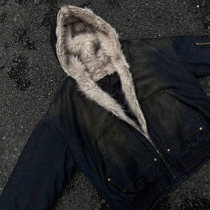 GUO WEAR2024New Winter Washed Denim Cotton Jacket with Fleece Lining American Street Style Wasteland Cotton Jacket