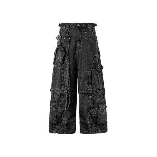 American Heavy Industry High Street Multi-Pocket Jeans for Men and Women, Detachable Vintage Metal Ring Decorated Wide-Leg Cargo Pants