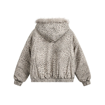 American Retro Style Hooded Thick Cotton Jacket with Leopard Print for Men and Women, Winter Couple's Hooded Cotton Coat