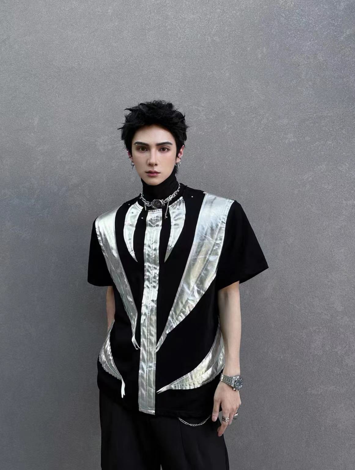 2025Summer New Men's High Street ins Wind Short Sleeve Stylish Color Block Design T T-shirt Breathable