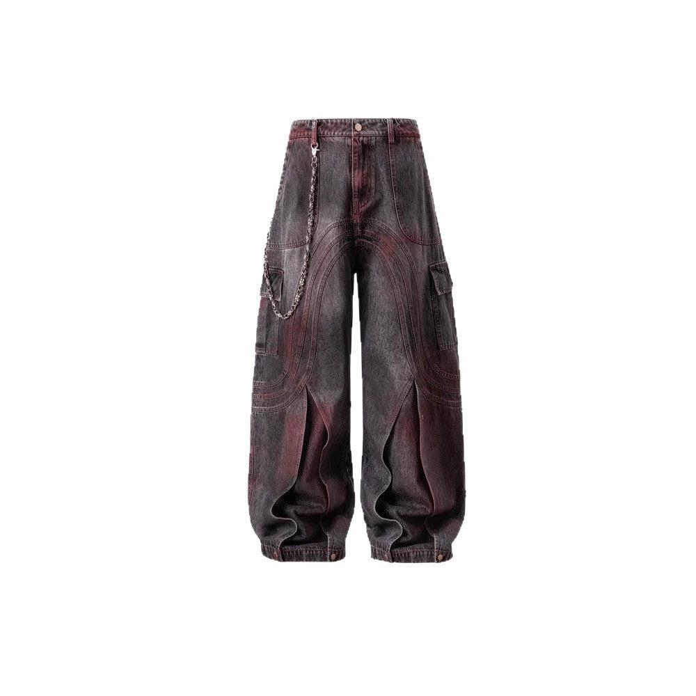 Cross-Border European and American High Street vibe Pants Jeans American Style Straight Spliced Ink Splash Flared Long Pants Men One Piece Dropshipping