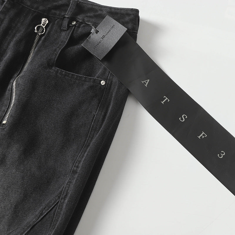 Trendy High Street Loose Retro Straight-Leg Drawstring Cargo Pants Men's Street Style Y2K Zipper Decorated Jeans