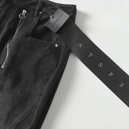 Trendy High Street Loose Retro Straight-Leg Drawstring Cargo Pants Men's Street Style Y2K Zipper Decorated Jeans