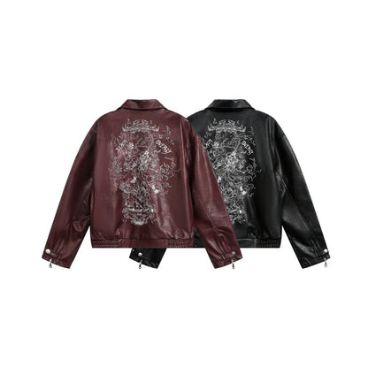 European and American Heavy Embroidery Lapel Loose Short Zipper Leather Jacket Coat