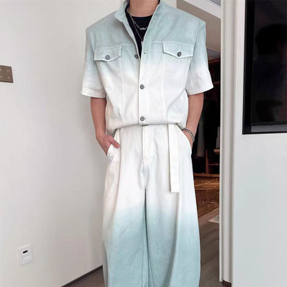 Gradient Short Sleeve Denim Suit for Men2025Summer Loose Casual Scimitar Wide-Leg Pants Jacket Set