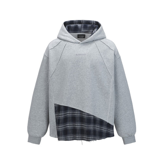 2025New Fake Two-Piece Distressed Plaid Patchwork Hooded Sweatshirt Unisex American Style Niche Loose Hoodie Trendy