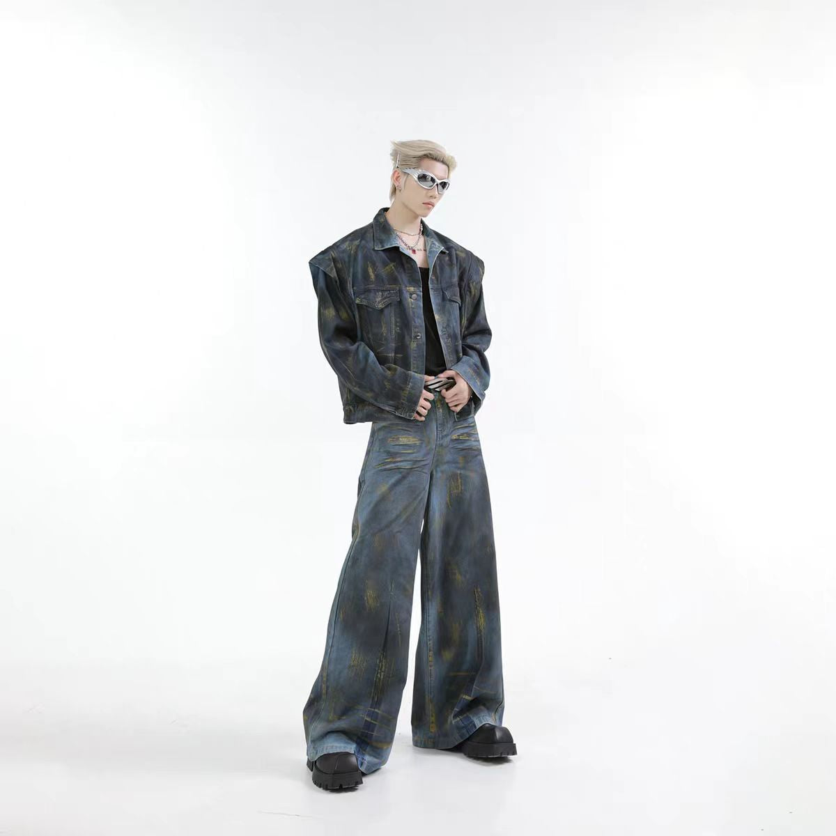 Spring and Autumn Med Vintage Scratched Denim Jacket for Men, Casual Loose Straight-Leg Pants