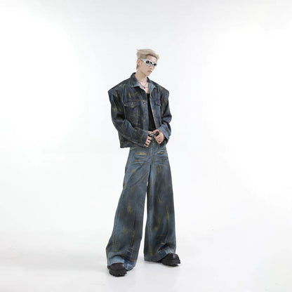 Spring and Autumn Med Vintage Scratched Denim Jacket for Men, Casual Loose Straight-Leg Pants