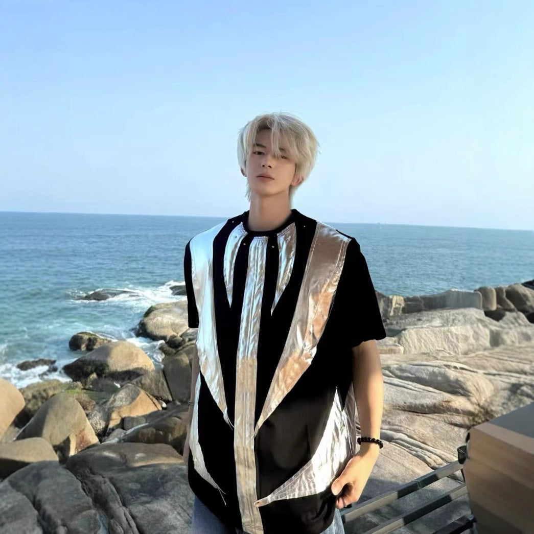 2025Summer New Men's High Street ins Wind Short Sleeve Stylish Color Block Design T T-shirt Breathable