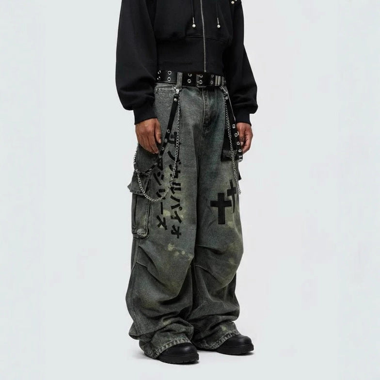 American Retro Workwear Wide-Leg Jeans for Men, Autumn and Winter High Street Design, Loose Slimming High-Waist Straight Pants