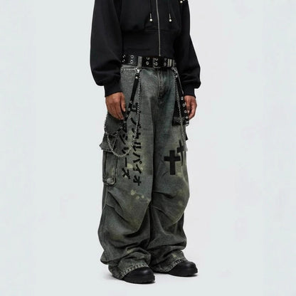 American Retro Workwear Wide-Leg Jeans for Men, Autumn and Winter High Street Design, Loose Slimming High-Waist Straight Pants