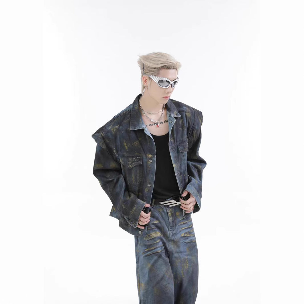 Spring and Autumn Med Vintage Scratched Denim Jacket for Men, Casual Loose Straight-Leg Pants