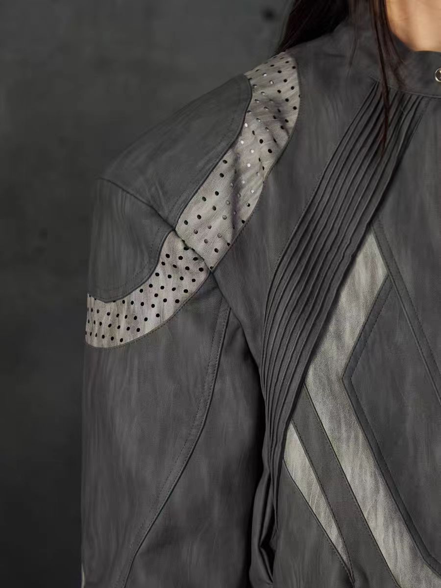 European and American High Street Heavy Craft Personality Deconstructed Split Spliced Design Motorcycle Leather Jacket Stand Collar Windproof Coat