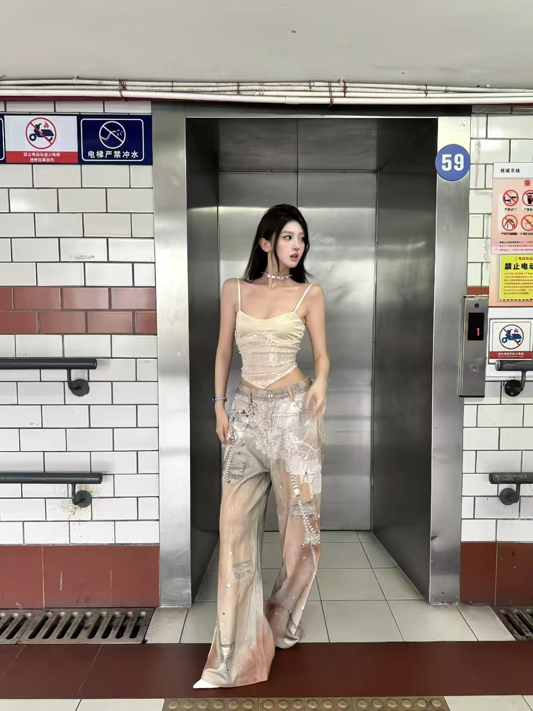 Cross-Border Heavy Industry Chain Print Jeans for Men and Women Summer American Style Straight-Leg Floor-Length Pants