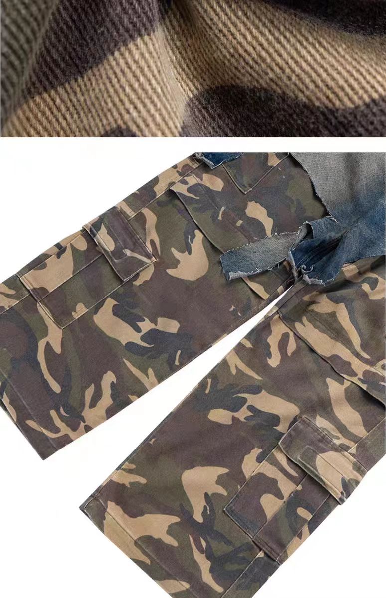 Parisian style vibe Heavyweight Patchwork Fake Two-Piece Vintage Camouflage Functional Loose Cargo Trendy Hip-Hop Jeans