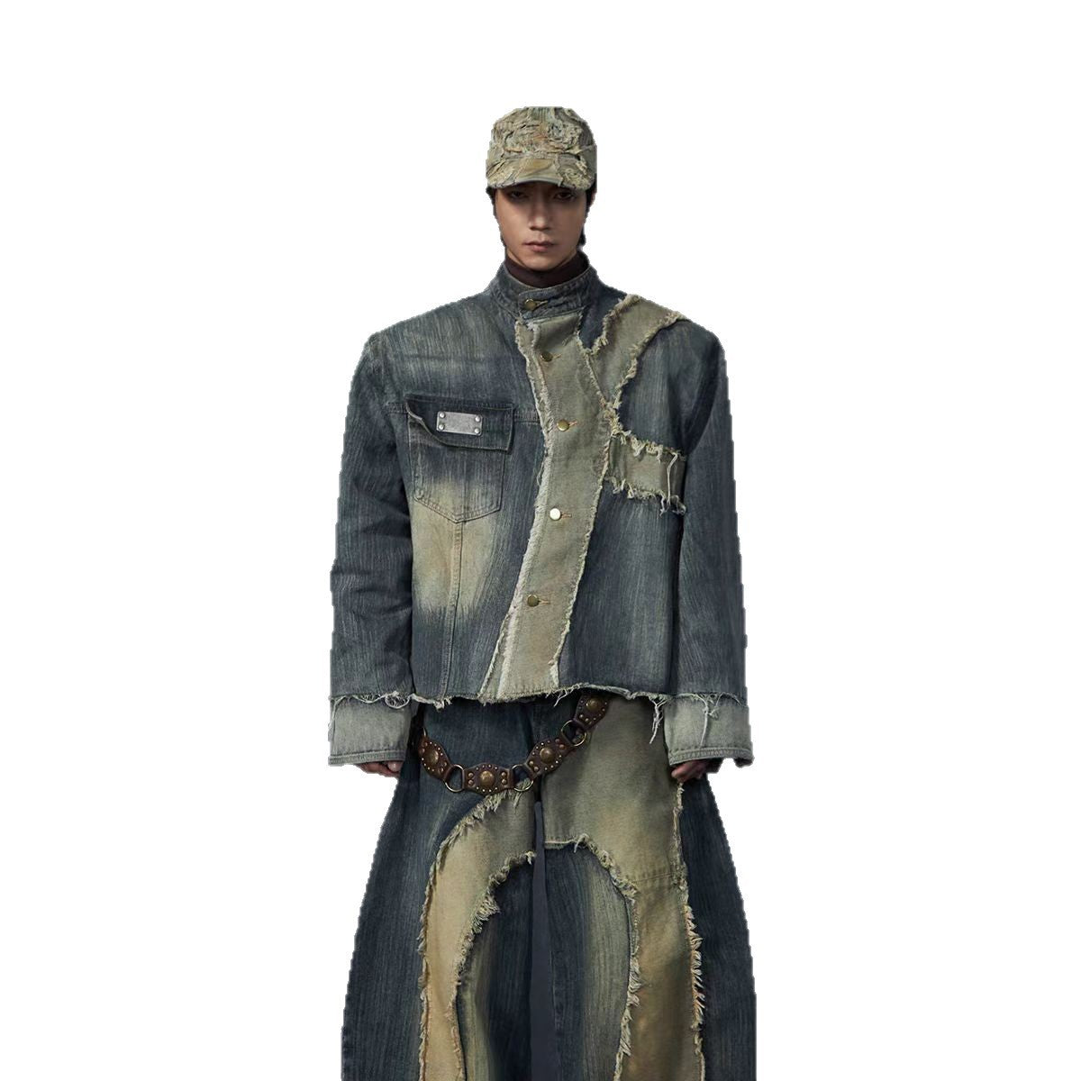 Post-apocalyptic Heavy Industry Patchwork Frayed Edge Stand Collar Structure Denim Jacket Scimitar Jeans Unisex