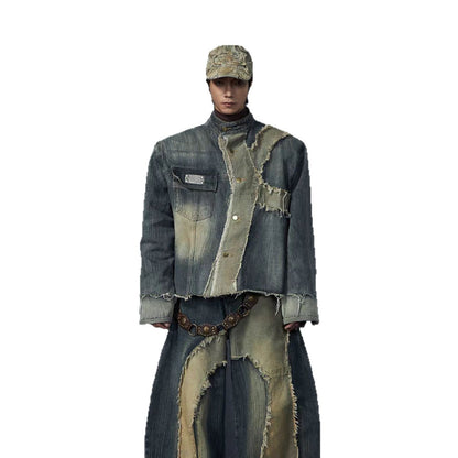 Post-apocalyptic Heavy Industry Patchwork Frayed Edge Stand Collar Structure Denim Jacket Scimitar Jeans Unisex