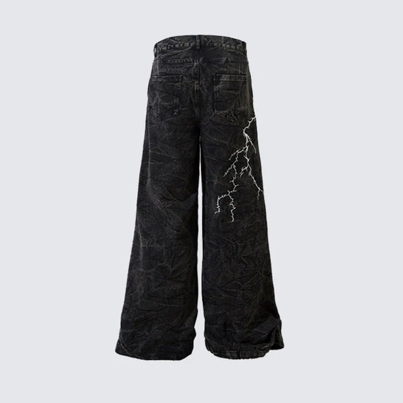 GUOWEAR2024American Style Washed Flared Jeans for Men with Lightning Embroidery Wide-Leg Trousers Trendy Retro Style